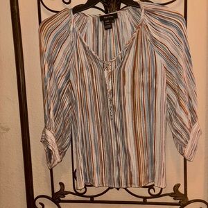 Karen Kane  V-Neck W/ Tie- Rich Mix of Blues, Copper, and Cream